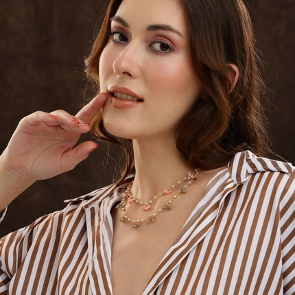 Beaded Pearl Necklace with Grey and Pink Colourful Motifs - Ruby Raang