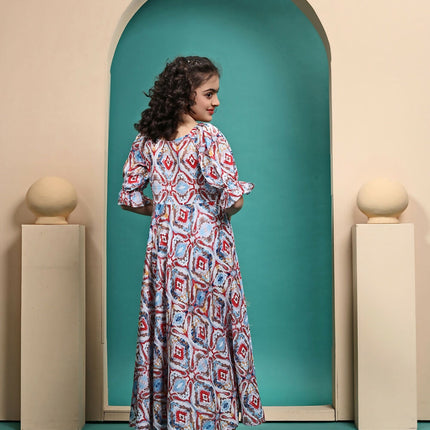 Divine Drape Girls Muslin MultiColour Printed Kids Anarkali Gown