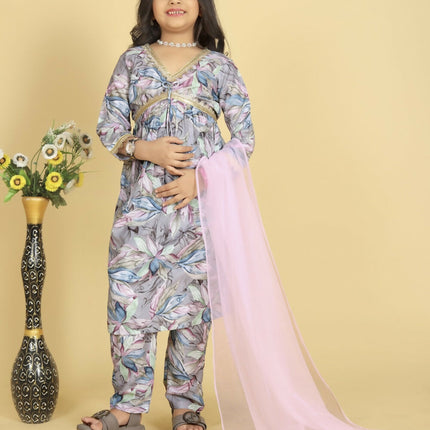 Divine Drape Girls Roman Slub Grey Printed Straight Kids Kurta Pant With Dupatta