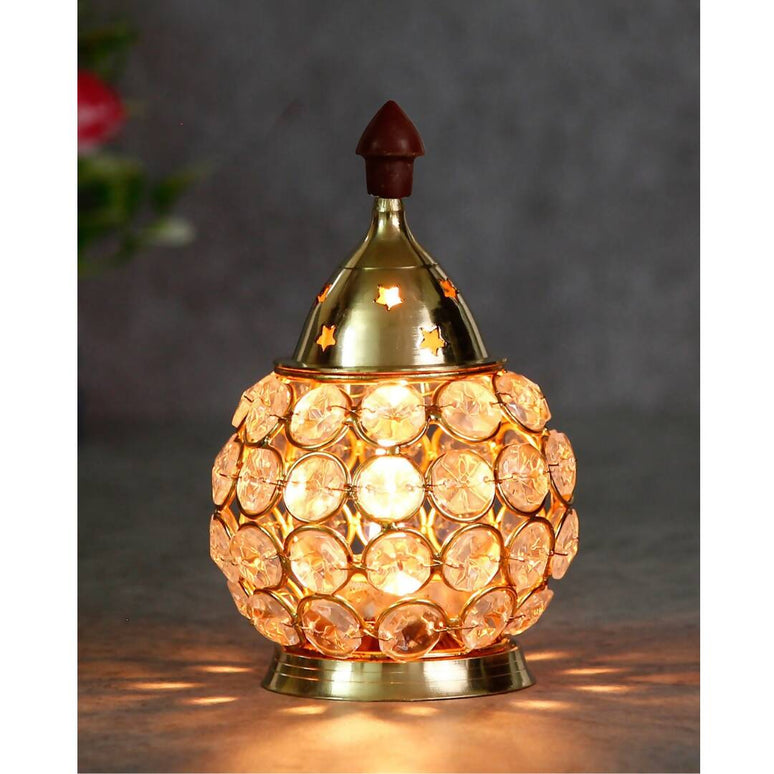 eCraftIndia Gold-Toned & Transparent Crystal & Brass Akhand Diya