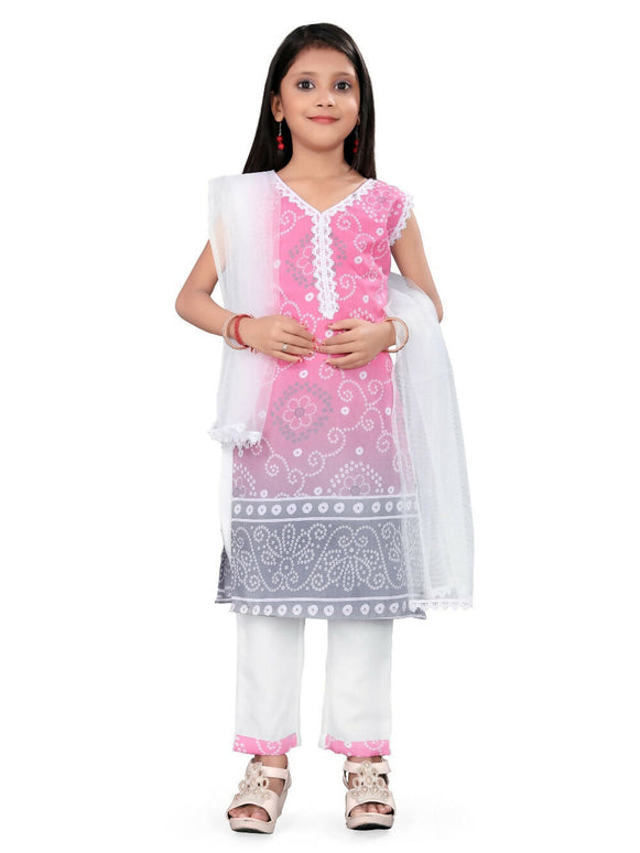 Divine Drape Girls Cotton Pink Printed Straight Kids Kurta Pant With Dupatta