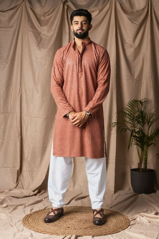 Reddish Orange Rayon Thread Embroidery Work Kurta Set - Mahotsav