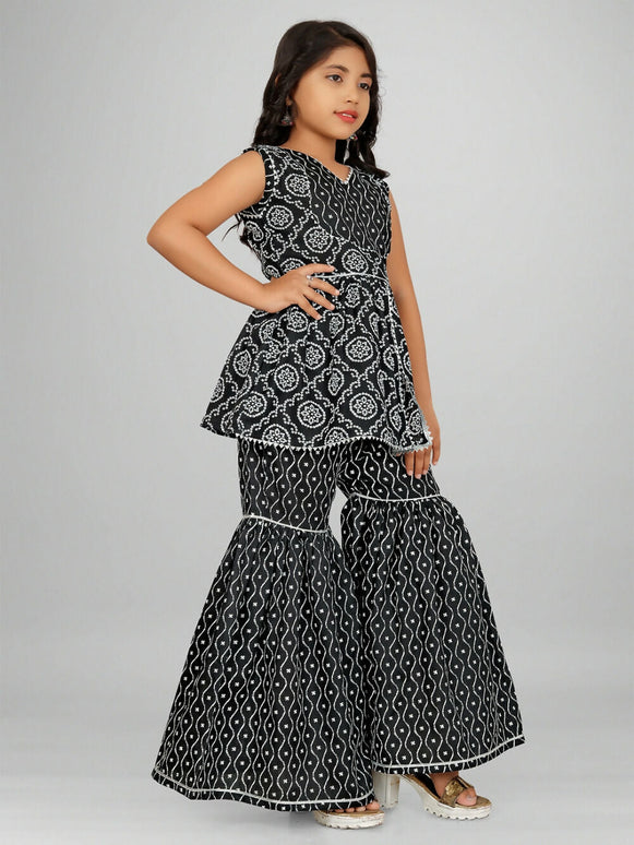 Divine Drape Girls Rayon Black Printed Straight Kids Kurta Sharara With Dupatta