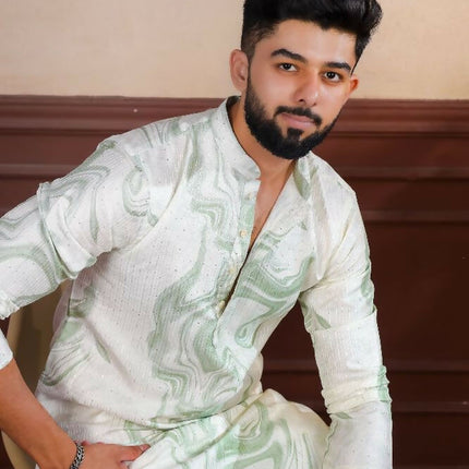 Green Art Silk Digital Printed, Embroidery Work Kurta Set - Mahotsav