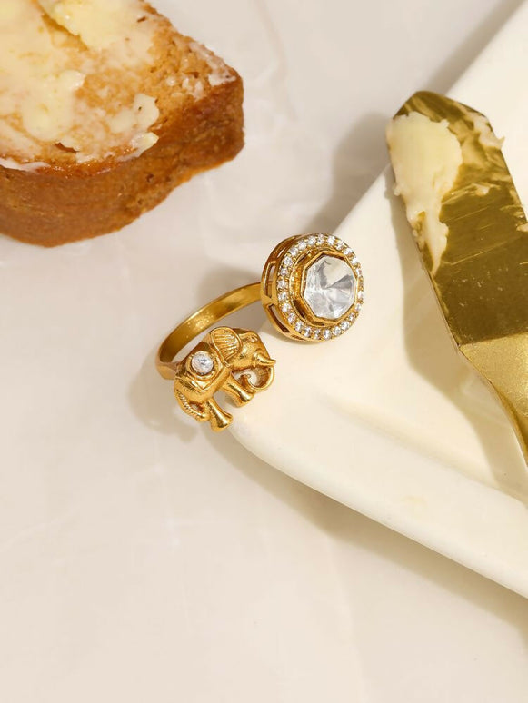 Kundan Gold plated Elephant and Round Ring - Ruby Raang