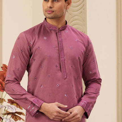Raivat Ethnic Men's Art Silk Thread Work Kurta Pyjama In Mauve Colour