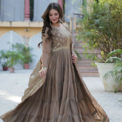Aastha Fashion Beige Star Georgette Embroidery Party Wear Designer Gown