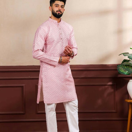 Pink Art Silk Digital Printed, Embroidery Work Kurta Set - Mahotsav