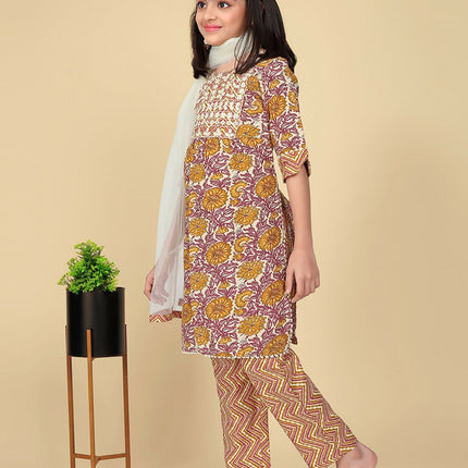 Divine Drape Girls Poly Cotton Yellow Embroidered Straight Kids Kurta Pant With Dupatta