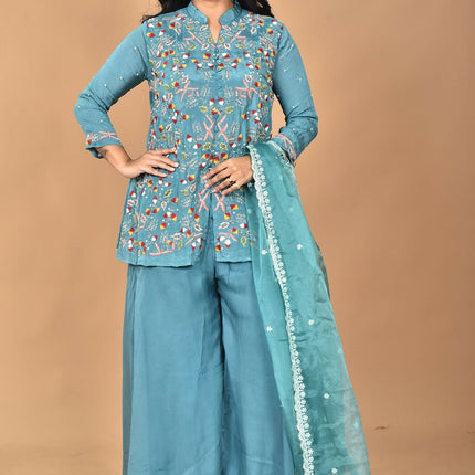 Morchari Women And Hand Embroidery Palazzo Set-Green
