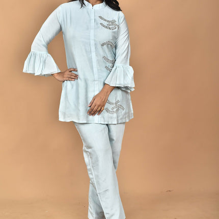 Morchari Women Hand Embroidery Co-Ords-Light Blue