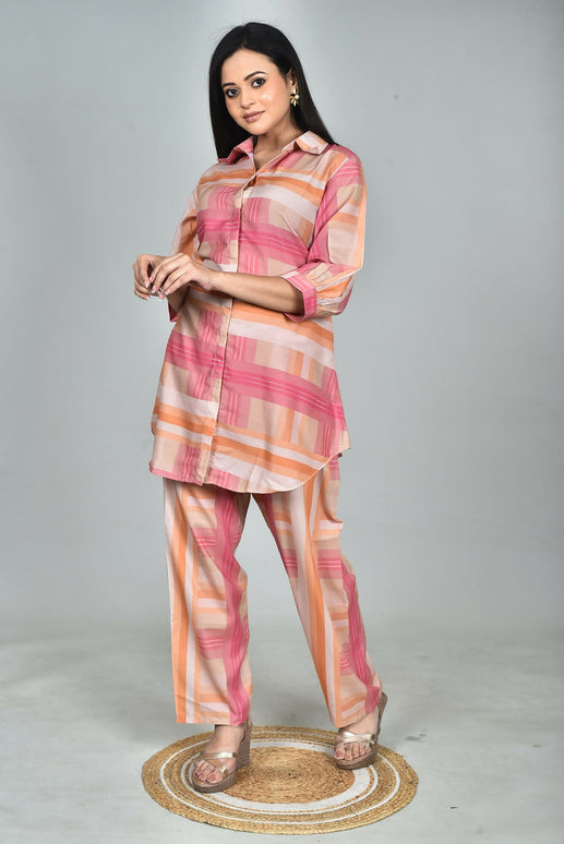 Morchari Digital Print Semi Muslin Co-Ord Set Top & Trouser-Multicolor