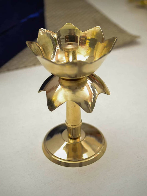 Craftvatika Gold Tone Brass Lotus Shape Pillar Diya Oil Lamp