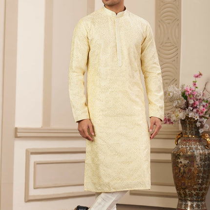 Raivat Ethnic Men's Art Silk Thread Work Kurta Pyjama In Yellow Colour
