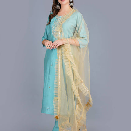 Shehnaai Blue Formal Muslin Suit With A Net Dupatta