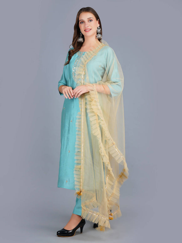 Shehnaai Blue Formal Muslin Suit With A Net Dupatta