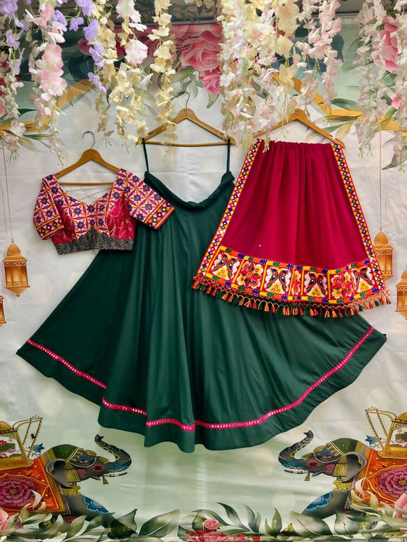 Aastha Fashion Green Reyon Readymade Mirror Lace Semi Stitched Wedding Wear Lehenga Choli