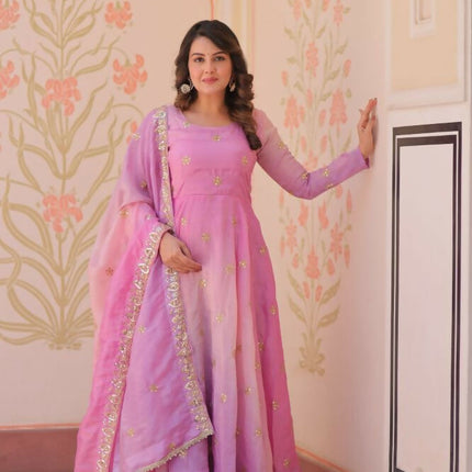 Aastha Fashion Pink Pedding Gold Organza Sequins-Multi & Zari Embroidered Work Party Wear Designer Gown