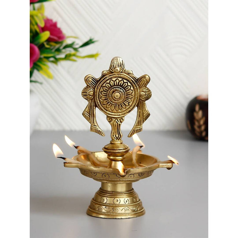 eCraftIndia Gold-Toned Chakra Handcrafted Brass Diya With 5 wicks