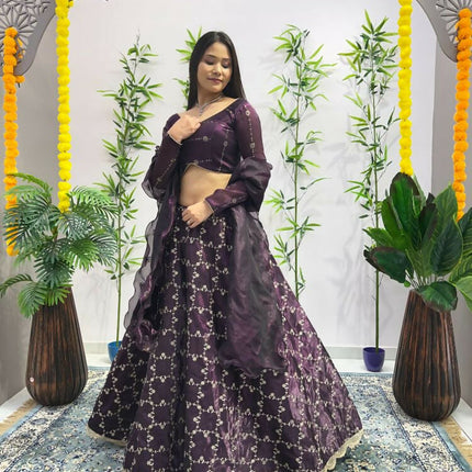 Aastha Fashion Wine Heavy Jimmy Choo Heavy Embroidery Zari +Sequence + Coding Lace Semi Stitched Wedding Wear Lehenga Choli