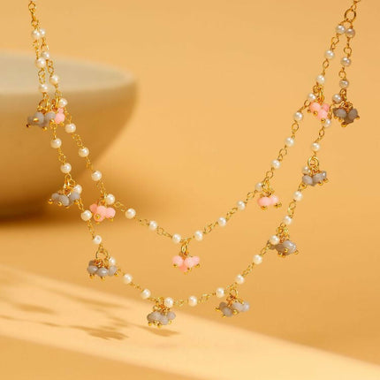 Beaded Pearl Necklace with Grey and Pink Colourful Motifs - Ruby Raang