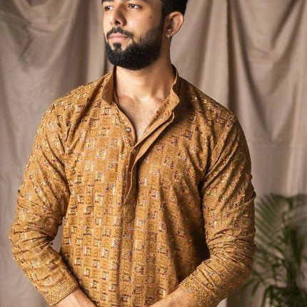 Occur Yellow Rayon Thread Embroidery Work Kurta Set - Mahotsav