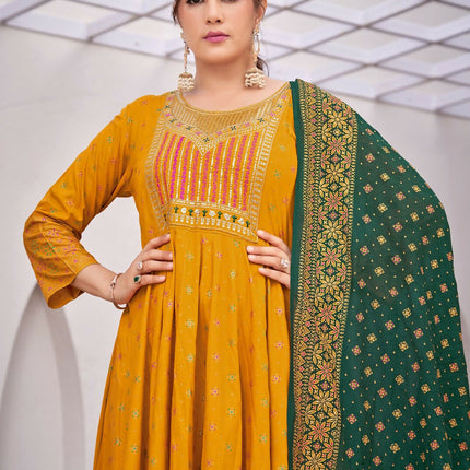Aastha Fashion Yellow Rayon Party Wear Designer Gown Collection