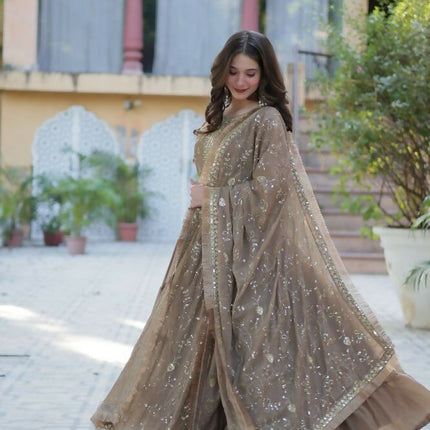 Aastha Fashion Beige Star Georgette Embroidery Party Wear Designer Gown