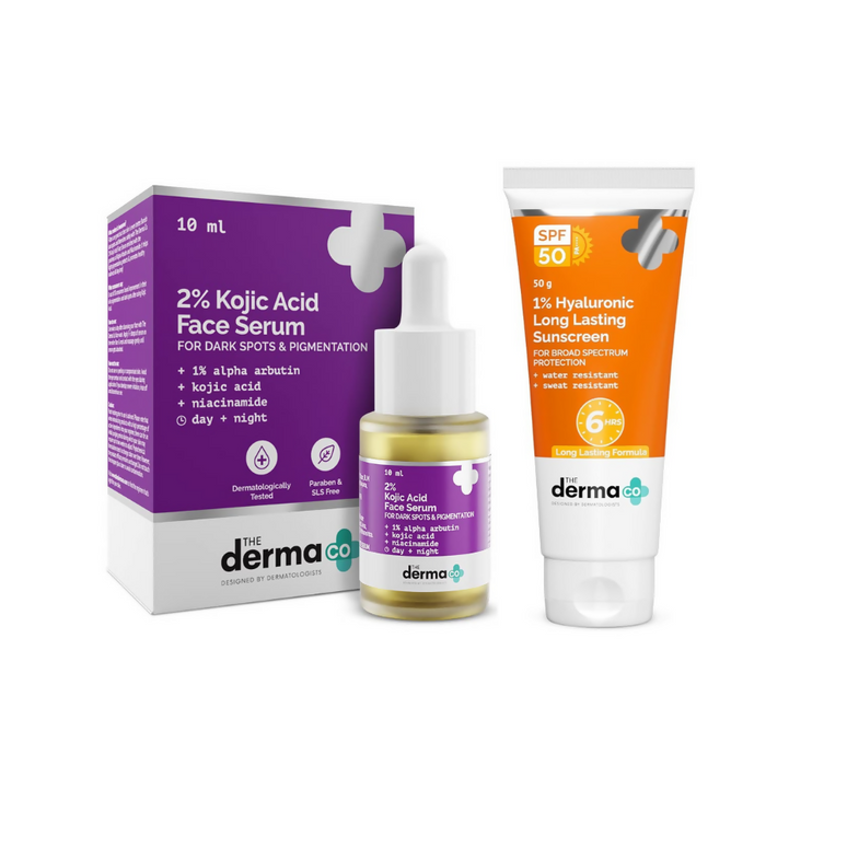 The Derma Co 2% Kojic Acid Face Serum & 1% Hyaluronic Long Lasting Sunscreen SPF 50 Combo