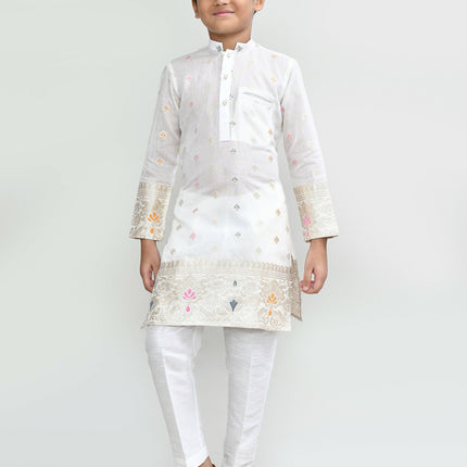 Joban Fashion Jacquard Silk White Kurta With Straight Fit Pant