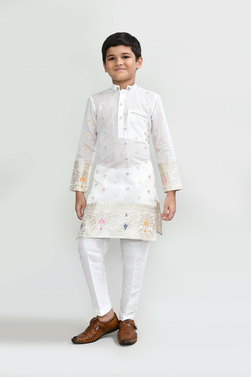 Joban Fashion Jacquard Silk White Kurta With Straight Fit Pant