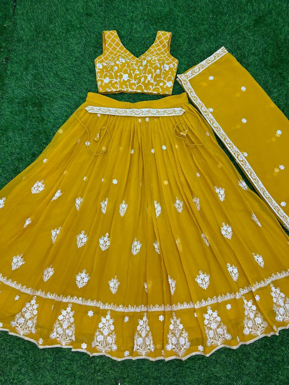 Aastha Fashion Mustard Yellow Heavy Georgette Embroidery Thread + Sequence Work Semi Stitched Wedding Wear Lehenga Choli