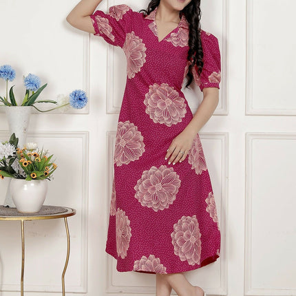 Miravan Womens Pink Printed Collar Neck Short Puff Sleeves Cotton A-Line Maxi Dress
