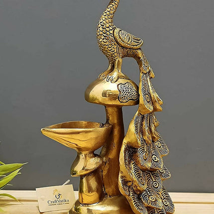 Craftvatika Gold-Toned Brass Diya Oil Lamp Peacock Hanging Diya