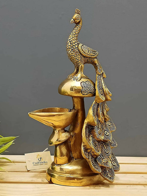 Craftvatika Gold-Toned Brass Diya Oil Lamp Peacock Hanging Diya