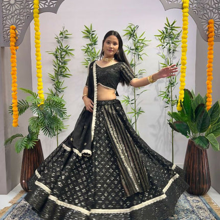 Aastha Fashion Black Heavy Georgette Heavy Embroidery+ Sequence +Ready Lace Semi Stitched Wedding Wear Lehenga Choli