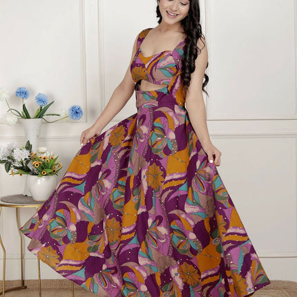 Miravan Womens Purple Pure Cotton Floral Printed Sleeveless Cut Out Western Dress