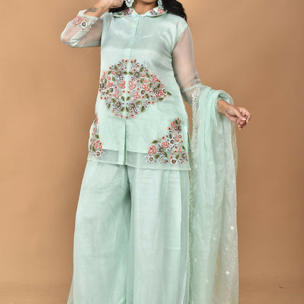 Morchari Women And Hand Embroidery Palazzo Set-Sea Green