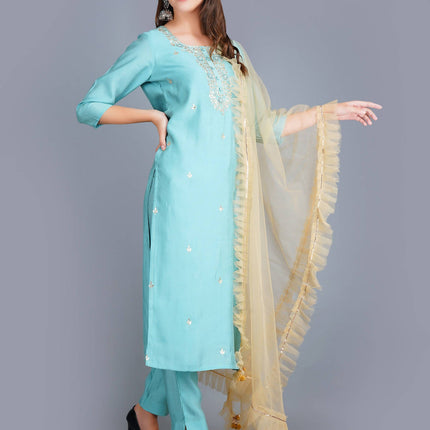 Shehnaai Blue Formal Muslin Suit With A Net Dupatta