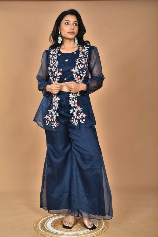 Morchari Women Hand Embroidery Crop Top-Blue