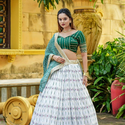 Aastha Fashion White Heavy Chinon Fabric Heavy Foil Print + Embroidery Work Belt Semi Stitched Wedding Wear Lehenga Choli