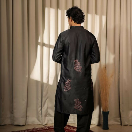 Black Greek Satin Designer Embroidery Work Kurta Set - Mahotsav