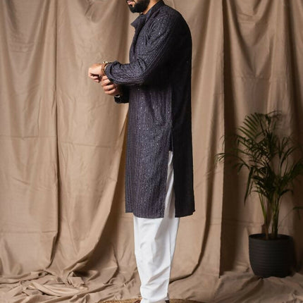 Dark Grey Rayon Thread Embroidery Work Kurta Set - Mahotsav