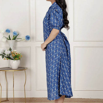 Miravan Womens Floral Print Blue Collar-Neck Puff Sleeves A-Line Maxi Dress