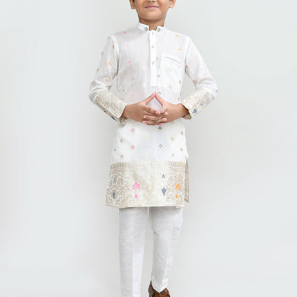 Joban Fashion Jacquard Silk White Kurta With Straight Fit Pant