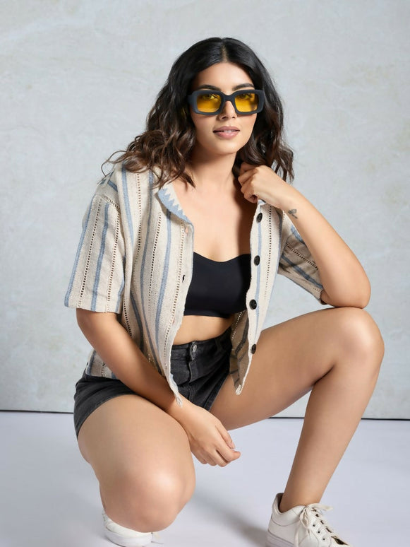 Blue Knited Wevon Designer Shirt - Hiral Fashion