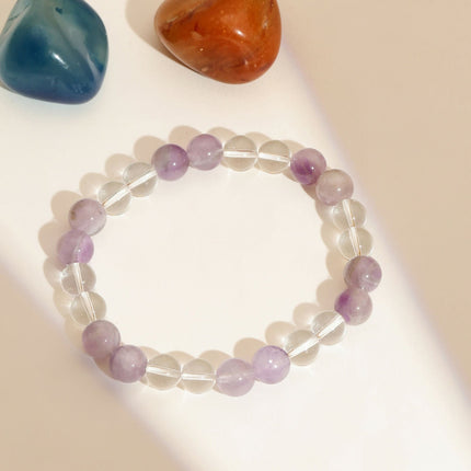 Clear Quartz and Amethyst White and Grey Beads Elastic Bracelet - Ruby Raang