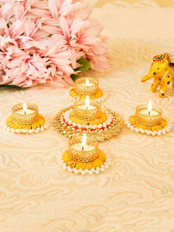 Tied Ribbons Set Of 5 Golden Diwali Dcoration Tealight Candle Holder