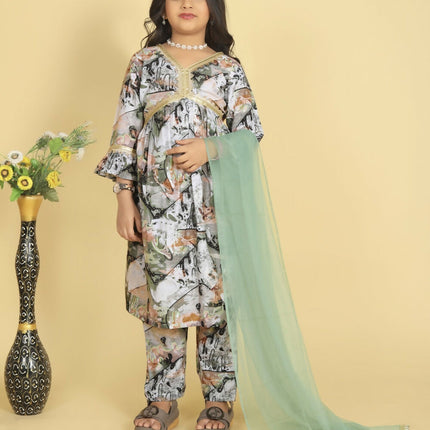 Divine Drape Girls Roman Slub Grey Printed Straight Kids Kurta Pant With Dupatta
