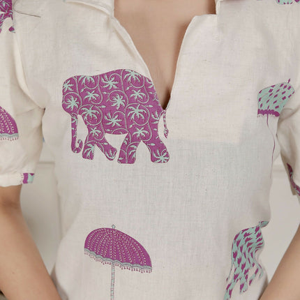 Miravan Womens Flex Cotton Short Sleeve Off White Animal Print A-Line Maxi Dress